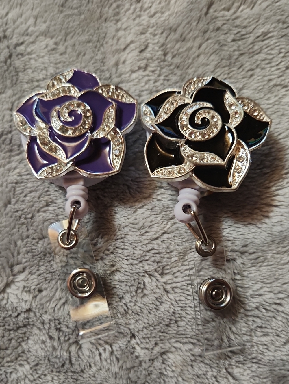 Floral Crystal Accent Rose Badge Reel - Purple and Black